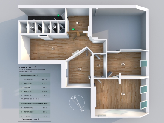 Prenájom, kancelársky priestor Bratislava Staré Mesto, 4 kancelárie 90,73 m2